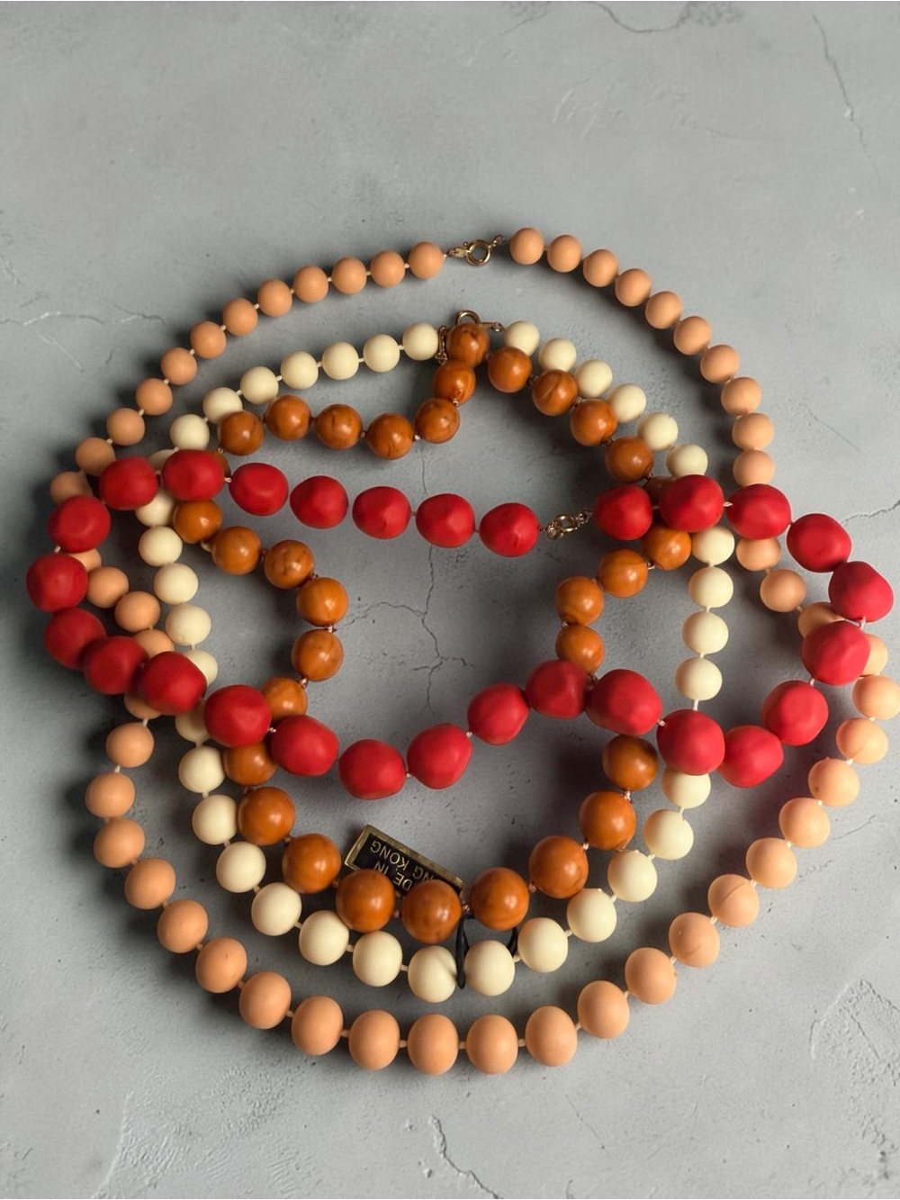 Vintage Colorful Beaded Necklace Set - Red, Peach, Cream, Brown -